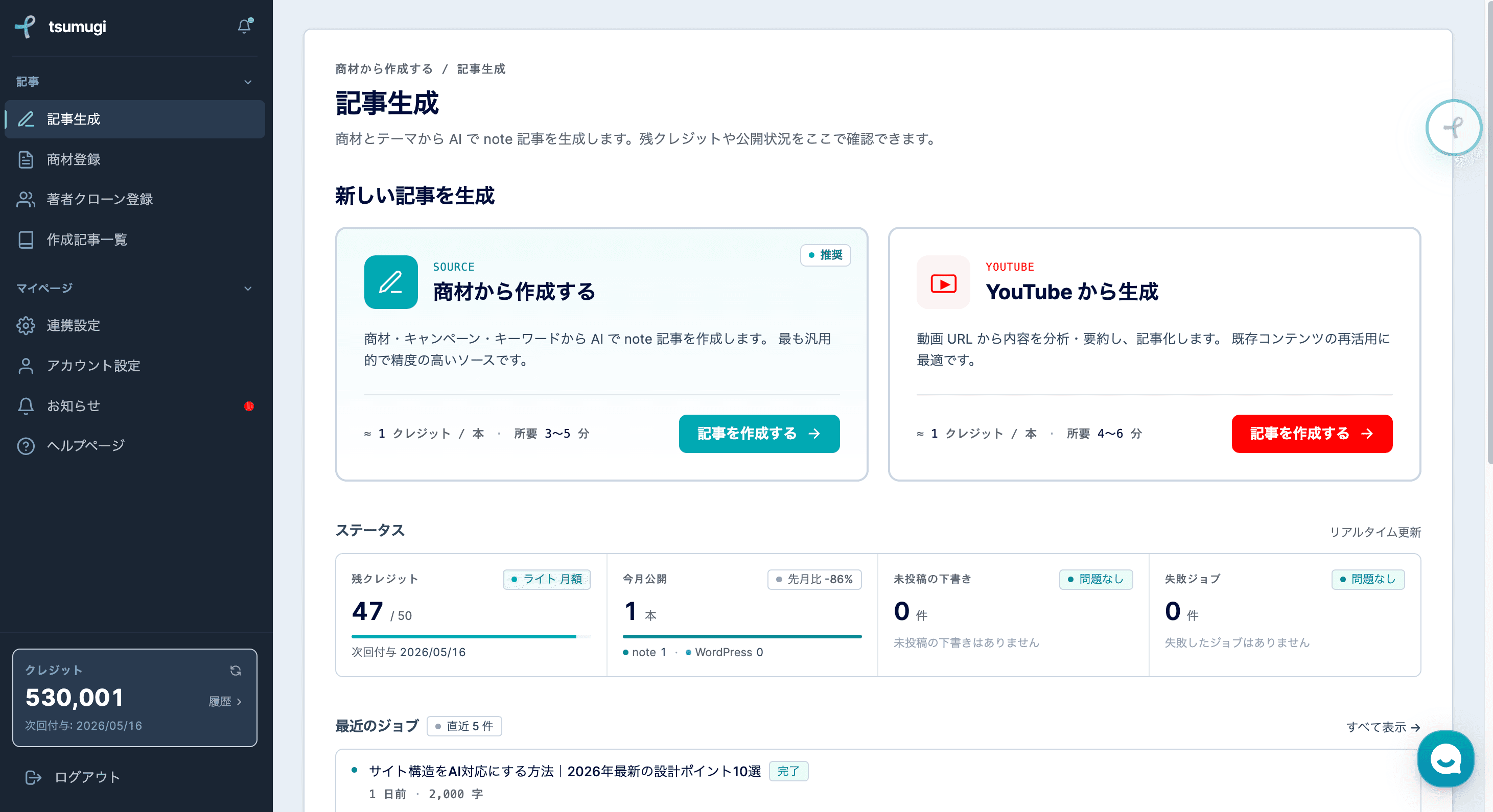 tsumugi の記事生成ダッシュボード